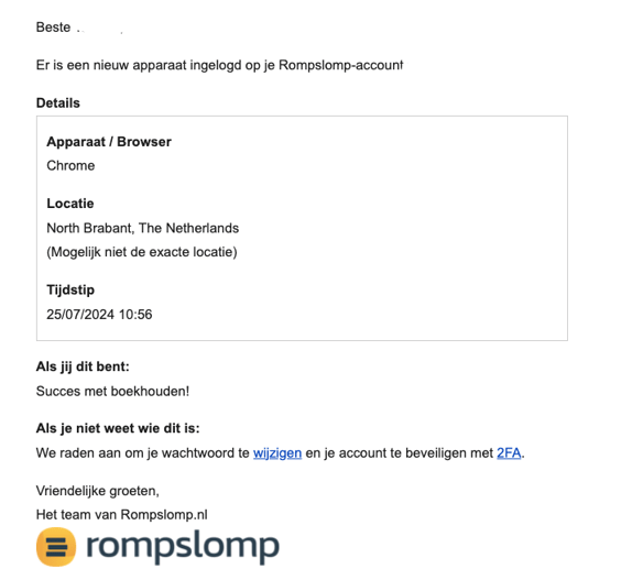 Mail die je ontvangt als er vanaf een ander ip-adres op je account wordt ingelogd